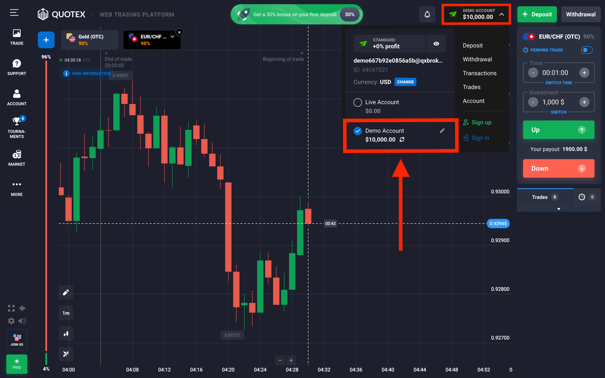 Quotex chart area with candlestick view